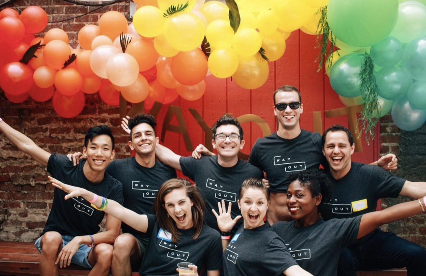 The Bay Area crew under rainbow balloons