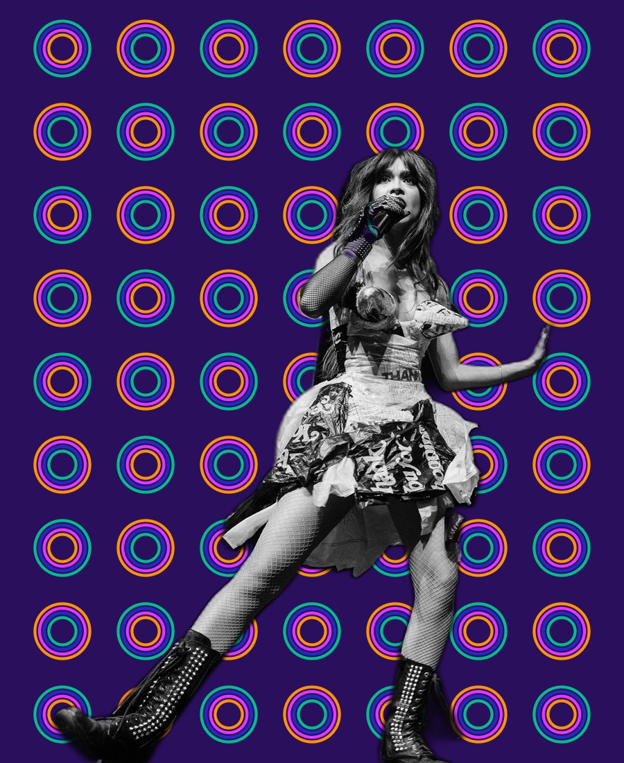 A Gayla performer cut out over a night field of ring dots