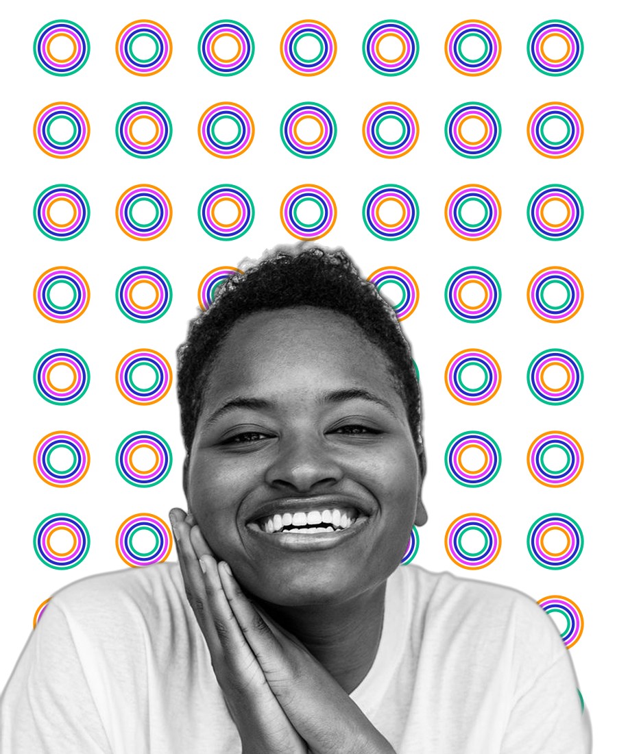 A young person cut out over a white field of ring dots