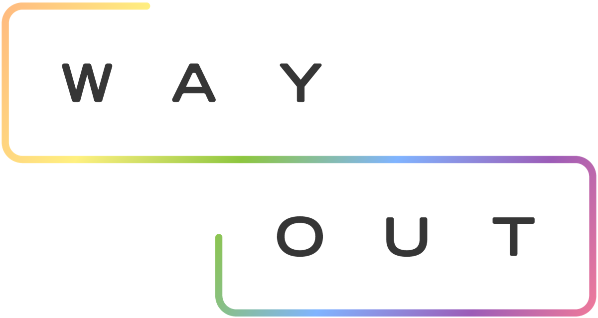 The 2018 WAY OUT logo on an ombre line