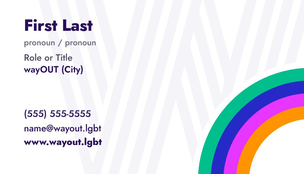 Business card back: name and contact details beside a giant striped W and ringed O