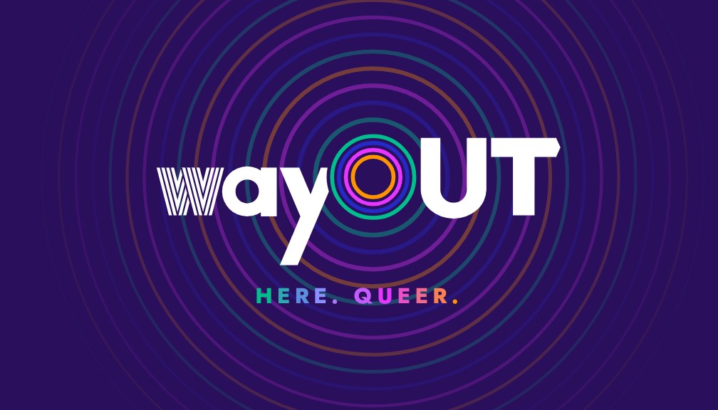 Business card front: the wayOUT logo with ripples on Gayla Night