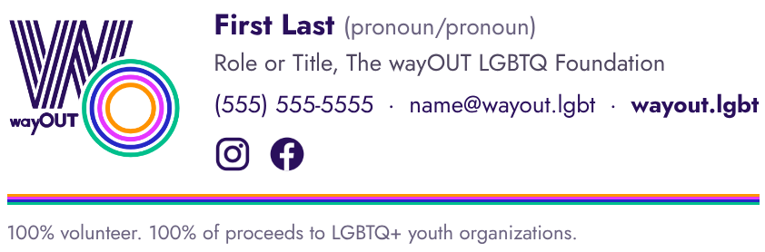 The wayOUT email signature: stacked logo, name, pronouns, title, phone, email and website above the four-color ribbon